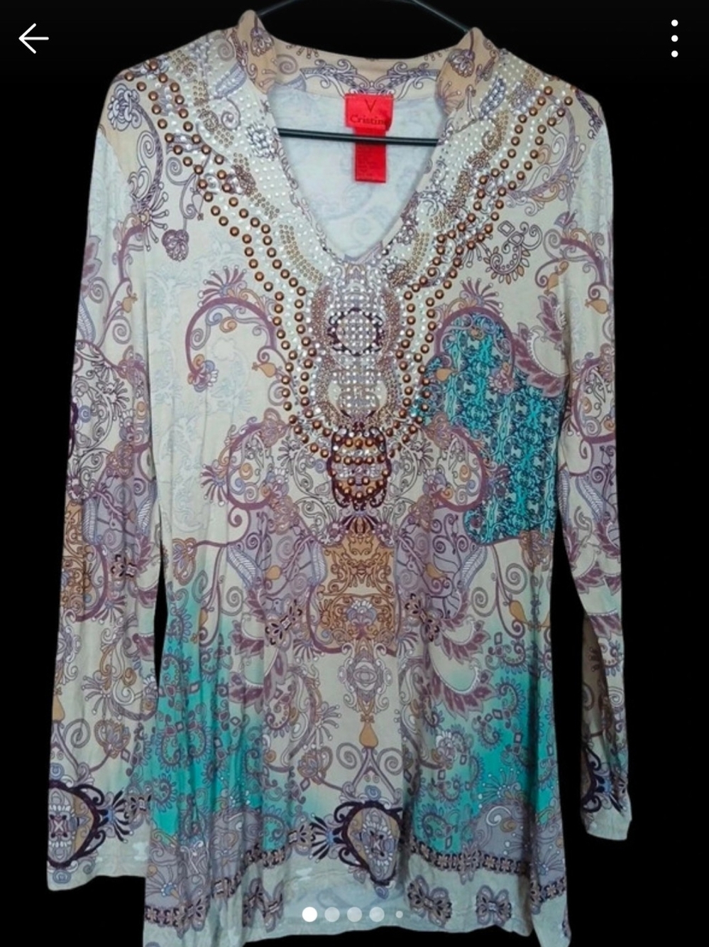 V Christina Cream Paisley V-Neck Long Sleeve Top with Teal Accents Size Small
